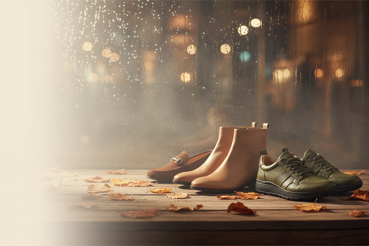 Elegant women’s and men’s leather shoes displayed in a cozy fall–winter setting with warm tones and natural textures — new seasonal collection.